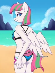 Size: 2048x2731 | Tagged: safe, artist:handgunboi, imported from derpibooru, blossomforth, anthro, pegasus, beach, bikini, breasts, busty blossomforth, butt, butt touch, clothes, commission, female, hand on butt, looking back, reasonably sized breasts, sand, solo, swimsuit