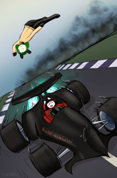 Size: 4600x7016 | Tagged: safe, artist:tenenbris, imported from derpibooru, oc, oc only, oc:dead meat, oc:paeonia, semi-anthro, car, driving, latex, race track, racecar