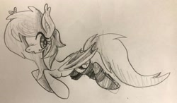 Size: 3394x1984 | Tagged: safe, artist:muffinz, imported from derpibooru, oc, oc only, oc:lunar saintly, bat pony, bat pony oc, clothes, disguise, disguised changeling, female, flying, mare, monochrome, socks, solo, striped socks, traditional art