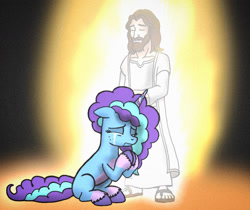 Size: 1720x1447 | Tagged: safe, artist:j-mantheangel, imported from derpibooru, human, pony, unicorn, christianity, comforting, crying, female, forgiveness, g5, jesus christ, light, male, mare, misty brightdawn, praying, religion, sitting