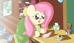 Size: 4709x2750 | Tagged: safe, artist:sparkfler85, derpibooru exclusive, imported from derpibooru, fluttershy, pegasus, pony, balloon, clothes, cold, cute, cutie mark on clothes, female, fluttershy's cottage, gamershy, get well card, get well soon, happy, implied applejack, implied pinkie pie, implied rainbow dash, implied rarity, implied twilight sparkle, nintendo, nintendo ds, nintendo dsi, nintendogs, open mouth, open smile, pajamas, parody, playing video games, plushie, present, red nosed, shyabetes, sick, sitting, smiling, solo, stylus, teddy bear, tissue box, video game