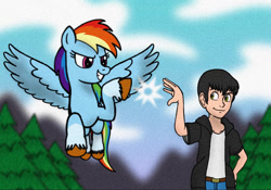 Size: 1068x748 | Tagged: safe, artist:j-mantheangel, imported from derpibooru, rainbow dash, oc, oc:j-man, oc:jack marten, human, pegasus, pony, cloud, female, flying, g4, g4 to g5, g5, generation leap, human in equestria, human oc, male, mountain, tree