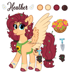 Size: 2500x2600 | Tagged: safe, artist:pink-pone, imported from derpibooru, oc, oc only, oc:heather, pegasus, pony, apron, bandaid, clothes, female, flower, flower in hair, leaves, mare, messy hair, simple background, solo, tongue out, transparent background