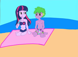 Size: 3504x2544 | Tagged: safe, imported from derpibooru, spike, twilight sparkle, human, equestria girls, bandeau, barefoot, beach, beach blanket, bikini, bikini bottom, bikini top, brother and sister, clothes, cute, cutie mark on clothes, duo, feet, female, food, human spike, humanized, looking at each other, looking at someone, male, male nipples, nipples, popsicle, sand, siblings, sparkle siblings, swimming trunks, swimsuit, water, water bottle
