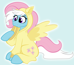 Size: 3600x3172 | Tagged: safe, artist:feather_bloom, imported from derpibooru, fluttershy, oc, oc:feather_bloom, pony, clothes, costume, fluttershy suit, kigurumi, onesie, simple background, solo