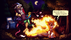 Size: 3840x2160 | Tagged: safe, artist:confetticakez, imported from derpibooru, daybreaker, discord, alicorn, draconequus, pony, 4k, arm behind back, campfire, camping, chair, commission, cooler, crescent moon, crossed hooves, daybreaker is not amused, dialogue, duo, duo male and female, female, fire, food, forest, high res, lawn chair, lying down, male, mare, marshmallow, moon, mundane utility, prone, roasted marshmallow, sitting, speech bubble, tree branch, unamused