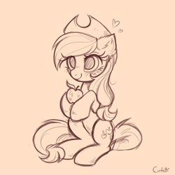 Size: 3000x3000 | Tagged: safe, artist:confetticakez, imported from derpibooru, applejack, earth pony, pony, apple, cute, female, floating heart, food, heart, herbivore, high res, hoof hold, jackabetes, mare, monochrome, orange background, signature, simple background, sitting, sketch, smiling, solo