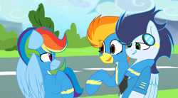 Size: 1002x554 | Tagged: safe, artist:thunderspeedyt, imported from derpibooru, rainbow dash, soarin', spitfire, pegasus, pony, base used, clothes, female, male, mare, shipping, soarindash, stallion, story included, straight, trio, uniform, wonderbolts headquarters, wonderbolts uniform