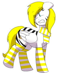 Size: 558x718 | Tagged: safe, anonymous editor, artist:spakka5, edit, imported from derpibooru, oc, oc only, oc:sweet cream, pegasus, pony, clothes, female, mare, scarf, simple background, socks, solo, striped, striped socks, thigh highs, transparent background