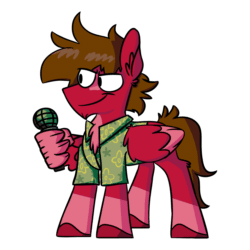 Size: 1800x1800 | Tagged: safe, artist:grandfinaleart, imported from derpibooru, oc, oc only, oc:grand finale, pegasus, pony, animated, brown eyes, brown hair, brown mane, brown tail, chin fluff, clothes, digital art, facial hair, folded wings, friday night funkin', gif, goatee, hawaiian shirt, looking at you, male, microphone, pegasus oc, red fur, shirt, smiling, solo, stallion, stallion oc, standing, tail, unshorn fetlocks, wing hands, wings