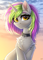 Size: 1920x2688 | Tagged: safe, artist:hakaina, imported from derpibooru, oc, oc:frenzy nuke, pony, unicorn, chest fluff, collar, looking at you