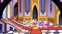 Size: 2048x1137 | Tagged: safe, artist:benpictures1, imported from ponybooru, applejack, fluttershy, pinkie pie, rarity, spike, dragon, earth pony, pegasus, pony, unicorn, comic:gem of mysteries, canterlot castle, comic, female, mare