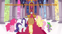 Size: 2048x1137 | Tagged: safe, artist:benpictures1, imported from ponybooru, applejack, fluttershy, pinkie pie, princess celestia, princess luna, rarity, spike, alicorn, dragon, earth pony, pegasus, pony, unicorn, comic:gem of mysteries, canterlot castle, comic, female, mare, royal sisters, siblings, sisters, throne room