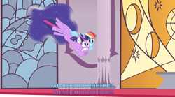 Size: 2048x1137 | Tagged: safe, artist:benpictures1, imported from ponybooru, rainbow dash, twilight sparkle, alicorn, pegasus, pony, comic:gem of mysteries, ahhh, canterlot castle, canterlot castle interior, cute, dashabetes, duo, duo female, falling, female, flower, flower in ear, lesbian, portal, screaming, shipping, throne room, twiabetes, twidash, twilight sparkle (alicorn)