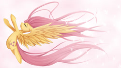 Size: 1500x844 | Tagged: safe, artist:jinzhan, imported from derpibooru, fluttershy, butterfly, pegasus, pony, eyes closed, flying, simple background, solo, spread wings, wings