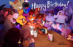 Size: 6182x4000 | Tagged: safe, artist:midnightpremiere, imported from derpibooru, yona, oc, earth pony, pony, unicorn, yak, absurd resolution, birthday cake, cake, cake slice, cellphone, drink, eyes closed, facial hair, female, food, frog (hoof), grin, happy birthday, hat, hoof hold, mare, moustache, open mouth, open smile, party hat, phone, smartphone, smiling, text, underhoof