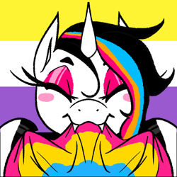 Size: 500x500 | Tagged: safe, artist:liechisenshi, imported from derpibooru, oc, oc only, oc:printer jam, pony, unicorn, blushing, commission, fangs, female, flag, mare, nonbinary pride flag, pansexual pride flag, pride, pride flag, solo, your character here