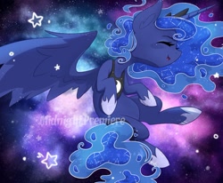 Size: 1024x845 | Tagged: safe, artist:midnightpremiere, imported from derpibooru, princess luna, alicorn, pony, constellation, eyes closed, female, mare, open mouth, open smile, smiling, solo, space, watermark