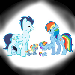 Size: 894x894 | Tagged: safe, artist:galaxywintersnow, imported from derpibooru, rainbow dash, soarin', oc, oc:electro spectrum, oc:midnight rainbow, oc:rainbow spots, pegasus, pony, baby, baby pony, eyes closed, female, male, mare, offspring, parent:rainbow dash, parent:soarin', parents:soarindash, shipping, soarindash, stallion, straight, triplets