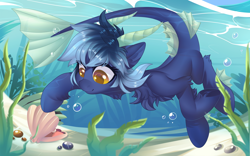 Size: 1920x1200 | Tagged: safe, artist:xvostik, imported from derpibooru, oc, oc only, hybrid, pony, air bubble, bubble, chest fluff, clam, commission, crepuscular rays, cute, digital art, female, fins, fish tail, flowing tail, horns, hybrid oc, mare, ocean, seashell, seaweed, smiling, solo, sunlight, swimming, tail, underwater, water, ych result, yellow eyes