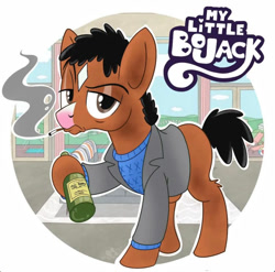 Size: 741x732 | Tagged: safe, artist:richietoons, imported from derpibooru, earth pony, pony, alcohol, beer, blank flank, bojack horseman, cigarette, eyebrows, male, netflix, raised eyebrow, stallion