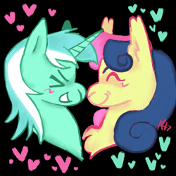 Size: 1111x1111 | Tagged: safe, artist:sillyfillies, imported from derpibooru, bon bon, lyra heartstrings, sweetie drops, earth pony, pony, unicorn, black background, blushing, chest fluff, duo, female, happy, heart, lesbian, lyrabon, nose to nose, shipping, simple background, smiling