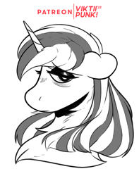 Size: 1122x1425 | Tagged: safe, artist:viktiipunk, imported from derpibooru, oc, oc only, oc:gloomy day, pony, unicorn, bags under eyes, bust, chest fluff, ears back, eyeshadow, female, frown, lidded eyes, long mane, looking at you, makeup, mane, mare, sad, simple background, solo, white background