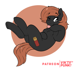 Size: 2000x1829 | Tagged: safe, artist:viktiipunk, imported from derpibooru, oc, earth pony, pony, :p, abstract background, ammunition, chest fluff, eyebrows, eyebrows visible through hair, eyelashes, falling, looking back, lying down, on back, one eye closed, pose, raised hoof, short hair, shotgun shell, solo, tail, tongue out
