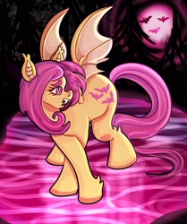 Size: 1714x2048 | Tagged: safe, artist:themeepbox, imported from derpibooru, fluttershy, bat, bat pony, pony, bat ponified, fangs, female, flutterbat, looking back, mare, race swap, solo, spread wings, wings