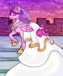 Size: 1714x2048 | Tagged: safe, artist:themeepbox, imported from derpibooru, princess cadance, alicorn, pony, alternate hairstyle, clothes, curved horn, dress, eyes closed, female, horn, horn ring, mare, raised hoof, ring, smiling, solo, wedding dress