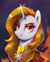 Size: 1266x1573 | Tagged: safe, artist:thebowtieone, imported from derpibooru, oc, oc only, oc:aurora shinespark, pony, unicorn, bust, cloak, clothes, ear piercing, earring, eyeshadow, female, fire, horn, jewelry, looking at you, makeup, mare, no source available, piercing, portrait, smug, solar empire, solo, unicorn oc