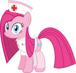 Size: 939x903 | Tagged: safe, artist:retroponybro, artist:zacatron94, edit, imported from derpibooru, vector edit, pinkie pie, base used, female, hat, looking at you, mare, name tag, nurse, nurse hat, nurse outfit, pinkamena diane pie, simple background, smiling, solo, transparent background, vector