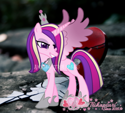 Size: 1083x978 | Tagged: safe, artist:tanahgrogot, idw, imported from derpibooru, princess cadance, alicorn, pony, reflections, spoiler:comic, evil cadance, evil grin, eyeshadow, female, grin, heartbreak, idw showified, makeup, mare, reversed, smiling, solo, watermark