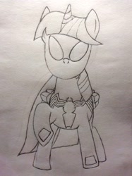 Size: 2400x3208 | Tagged: safe, artist:dust, derpibooru exclusive, imported from derpibooru, twilight sparkle, alicorn, pony, black suit spiderman, female, lineart, marvel, pencil drawing, smiling, solo, symbiote, symbiote suit, traditional art, twilight sparkle (alicorn), venom