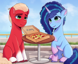Size: 2490x2048 | Tagged: safe, artist:xiaowu07, imported from derpibooru, sprout cloverleaf, earth pony, pony, unicorn, cute, duo, duo male and female, female, food, g5, male, mare, maretime bay, misty brightdawn, mistyclover, pizza, raised hoof, romance, shipping, signature, sitting, smiling, stallion, straight, table