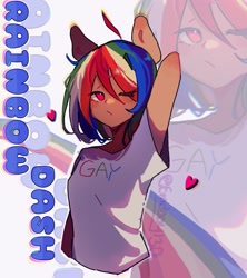 Size: 1091x1230 | Tagged: safe, artist:emoboy130, imported from derpibooru, rainbow dash, human, animal ears, bust, clothes, eared humanization, eye clipping through hair, female, hair over one eye, heart, humanized, lgbt, one eye closed, red eyes, shirt, simple background, solo, t-shirt, text, white background, zoom layer