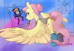 Size: 2158x1500 | Tagged: safe, artist:midnightpremiere, imported from derpibooru, fluttershy, pegasus, pony, alternate hairstyle, butt, canvas, clothes, female, flutterbutt, hair bun, large wings, looking at you, looking back, looking back at you, mare, mouth hold, paintbrush, plot, socks, solo, spread wings, wings