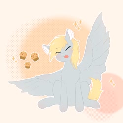 Size: 1580x1580 | Tagged: safe, artist:mix2546, imported from derpibooru, derpy hooves, pegasus, pony, :p, abstract background, blushing, chest fluff, colored pinnae, cute, derpabetes, eye clipping through hair, eyebrows, eyebrows visible through hair, eyes closed, female, food, mare, muffin, sitting, solo, spread wings, tongue out, wings