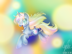 Size: 2732x2049 | Tagged: safe, artist:lydia, imported from derpibooru, oc, oc only, oc:windy／painting heart, pony, unicorn, beautiful, bright, colorful, elegant, hopping, laughing, long mane, looking at you, no pupils, running, solo
