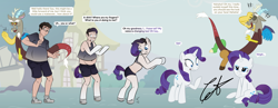 Size: 3366x1300 | Tagged: safe, artist:axiomtf, imported from derpibooru, discord, rarity, human, unicorn, annoyed, blue eyes, clothes, dialogue, glasses, laughing, ponyville, purple hair, shirt, shocked, shoes, shorts, show accurate, transformation, transformation sequence, transgender transformation