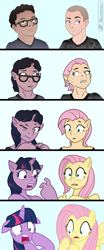 Size: 1720x4128 | Tagged: safe, artist:axiomtf, artist:zeydaan, imported from derpibooru, fluttershy, twilight sparkle, human, pegasus, unicorn, clothes, floppy ears, glasses, male to female, rule 63, shaved head, shirt, shocked, show accurate, transformation, transformation sequence, transgender transformation