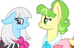 Size: 1024x676 | Tagged: safe, artist:alyssaricepony, artist:tanahgrogot, imported from derpibooru, chickadee, ms. peachbottom, photo finish, earth pony, pony, cute, duo, duo female, female, floppy ears, heart, heart eyes, looking at you, ponytail, sad, sadorable, simple background, transparent background, wingding eyes, worried