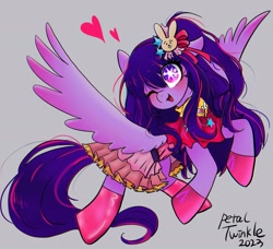 Size: 2048x1865 | Tagged: safe, artist:petaltwinkle, imported from derpibooru, pegasus, pony, ai hoshino, anime, boots, clothes, female, floating heart, gray background, heart, mare, not twilight sparkle, one eye closed, open mouth, open smile, oshi no ko, ponified, shoes, signature, simple background, skirt, smiling, solo, spread wings, wingding eyes, wings, wink