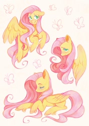 Size: 1065x1506 | Tagged: safe, artist:pnovibi, imported from derpibooru, fluttershy, butterfly, pegasus, pony, blushing, cute, female, floppy ears, lying down, mare, prone, shyabetes, simple background, smiling, solo, white background