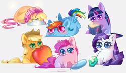 Size: 2206x1285 | Tagged: safe, artist:erein, imported from derpibooru, applejack, fluttershy, pinkie pie, rainbow dash, rarity, twilight sparkle, earth pony, pegasus, pony, unicorn, big ears, big eyes, chibi, cute, female, mane six, simple background