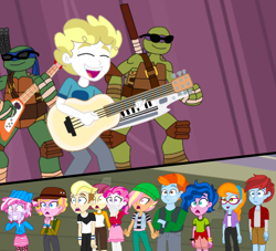 Size: 1232x1118 | Tagged: safe, artist:jebens1, imported from derpibooru, ace, bright eyes, clover (g1), half note (g1), lancer, melody, patch (g1), sweet notes, teddy, human, equestria girls, donatello, g1, guitar, humanized, keytar, leonardo, logan barrington, logan berrytown, musical instrument, open mouth, shocked, singing, smiling, split screen, surprised, teenage mutant ninja turtles, two sides