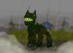 Size: 2475x1800 | Tagged: safe, artist:ashel_aras, imported from derpibooru, oc, oc only, earth pony, pony, armor, armorarity, armored pony, fog, simple background, solo, stalcraft, swamp