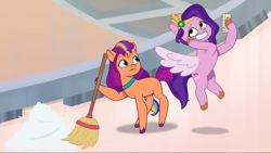 Size: 2160x1215 | Tagged: safe, imported from derpibooru, screencap, pipp petals, sunny starscout, earth pony, pegasus, pony, spoiler:g5, spoiler:my little pony: tell your tale, spoiler:tyts01e01, a home to share, broom, cellphone, crystal brighthouse, dust, female, flying, g5, mane stripe sunny, mare, my little pony: tell your tale, phone, smartphone, sweeping