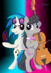 Size: 849x1200 | Tagged: safe, artist:darkdabula, imported from derpibooru, dj pon-3, octavia melody, vinyl scratch, pony, bow (instrument), cello, cello bow, duo, duo female, female, lesbian, musical instrument, record, scratchtavia, shipping