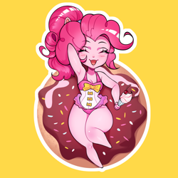 Size: 2480x2480 | Tagged: safe, artist:ikstina, imported from derpibooru, pinkie pie, human, equestria girls, armpits, bare shoulders, blushing, breasts, cherry, chibi, clothes, curvy, cute, diapinkes, donut, drink, food, humanized, keychain, merchandise, milkshake, one-piece swimsuit, pink hair, pinkie pie swimsuit, simple background, sleeveless, smiling, sprinkles, sticker, swimming, swimsuit, thick, wide hips, yellow background